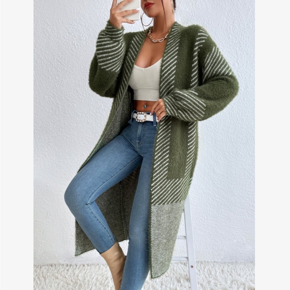 Oversized Color Block Stripes Fuzzy Open Front Duster Sweater Cardigan - Picture 5 of 10